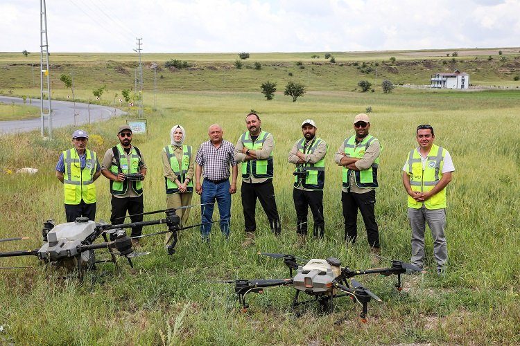 Kayseri Talas’ta tarım alanlarına İHA’yla ilaçlama