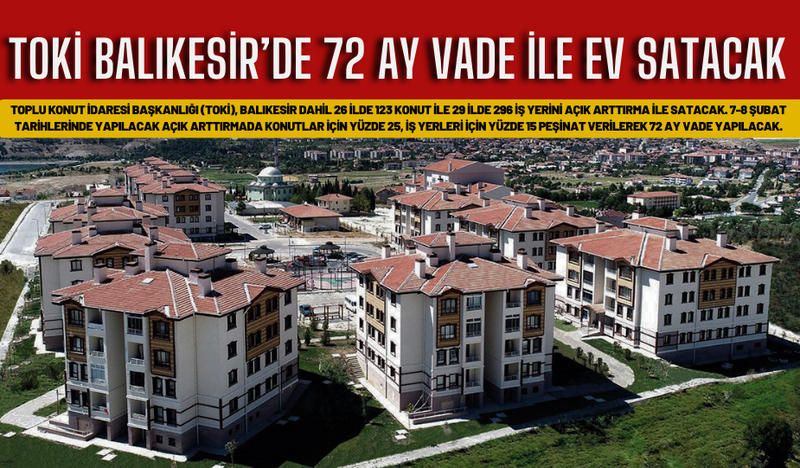 TOKİ BALIKESİR’DE 72 AY VADE İLE EV SATACAK