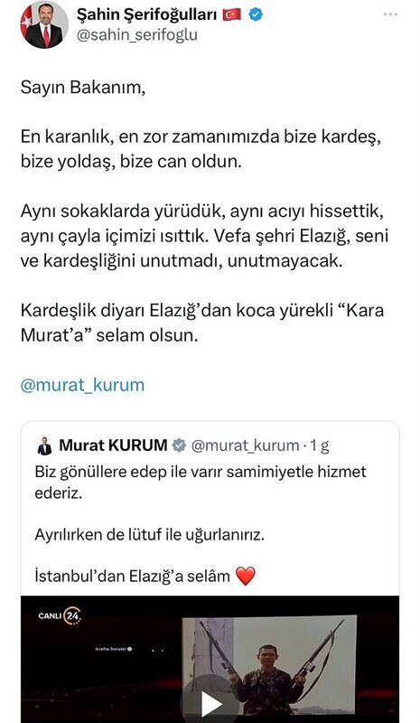 Başkan Şerifoğulları’ndan Murat Kurum’a: “Elazığ’dan koca yürekli Kara Murat’a selam olsun”