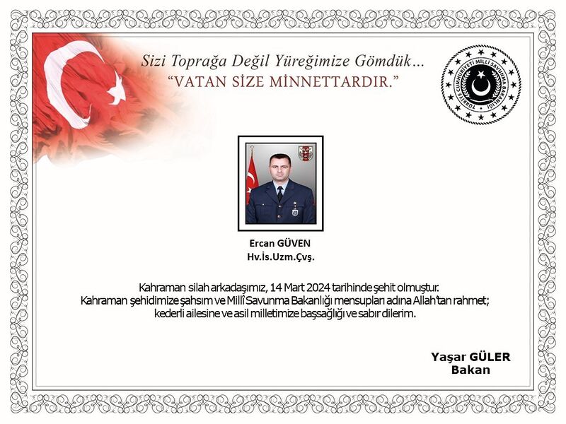 MSB’den Şehit Ercan Güven için başsağlığı mesajı