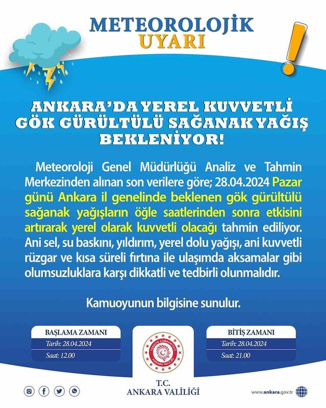 Ankara Valiliği’nden sağanak yağış uyarısı