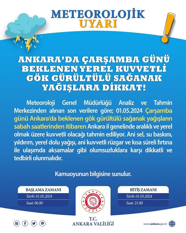 Ankara Valiliğinden yarın için sağanak yağış uyarısı