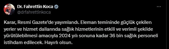 Bakan Koca: “2024 yılı sonuna kadar 36 bin sağlık personeli istihdam edilecek”