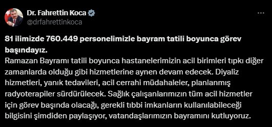 Bayram tatili boyunca 760 bin 449 sağlık personeli görev yapacak