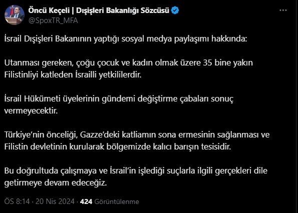 Dışişleri Sözcüsü Keçeli: “Utanması gereken İsrailli yetkililerdir”