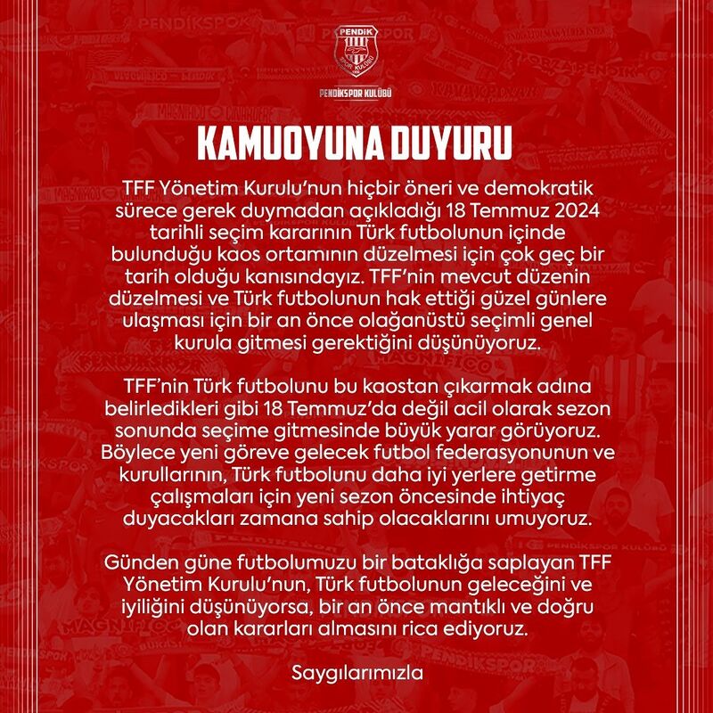 Pendikspor’dan TFF seçim çağrısı