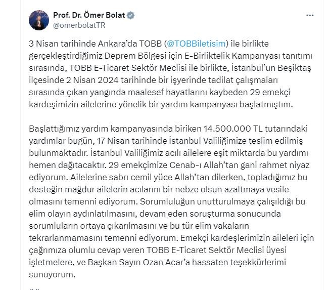 Ticaret Bakanı Bolat açıkladı: “Beşiktaş’taki yangın faciasında hayatını kaybeden 29 işçi için 14 milyon 500 bin TL toplandı”