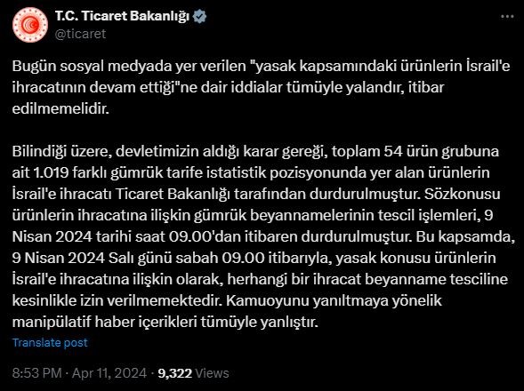 Ticaret Bakanlığından “İsrail’le ihracatın devam ettiği” iddialarına yalanlama