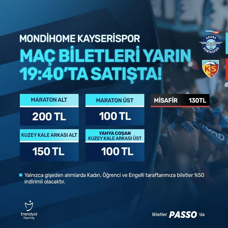 Y. Adana Demirspor – Kayserispor maçının biletleri satışa çıktı