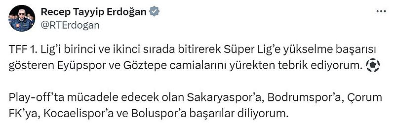 Cumhurbaşkanı Erdoğan’dan TFF 1. Lig’e yükselen takımlara tebrik