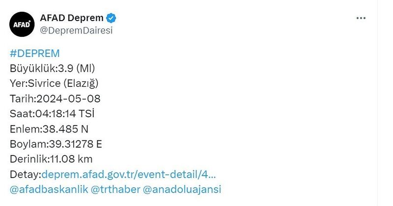 Elazığ’da 3.9 büyüklüğünde deprem