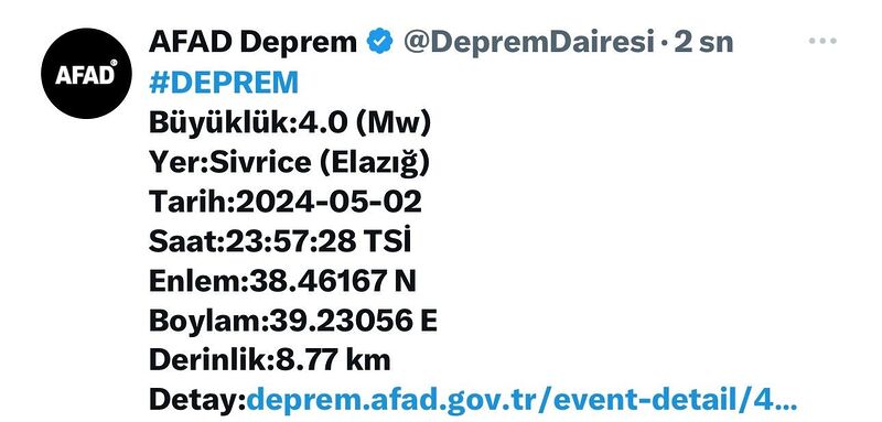 Elazığ’da 4.0 büyüklüğünde deprem