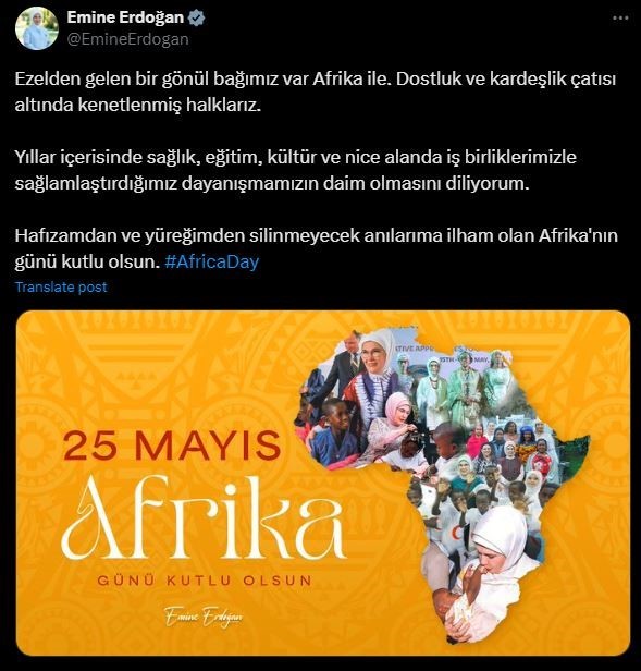 Emine Erdoğan’dan “Afrika Günü” paylaşımı