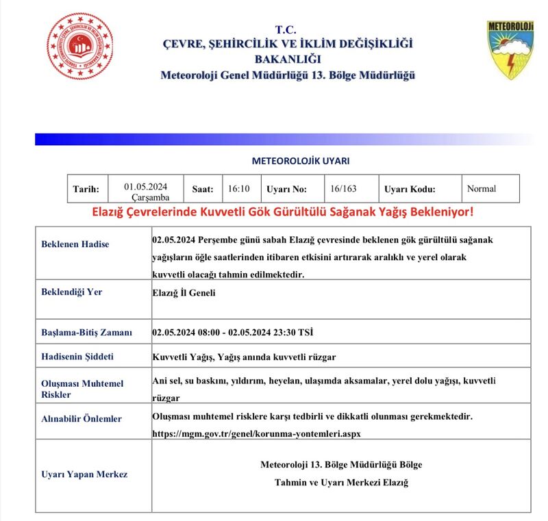 Meteorolojiden Elazığ için sağanak uyarısı