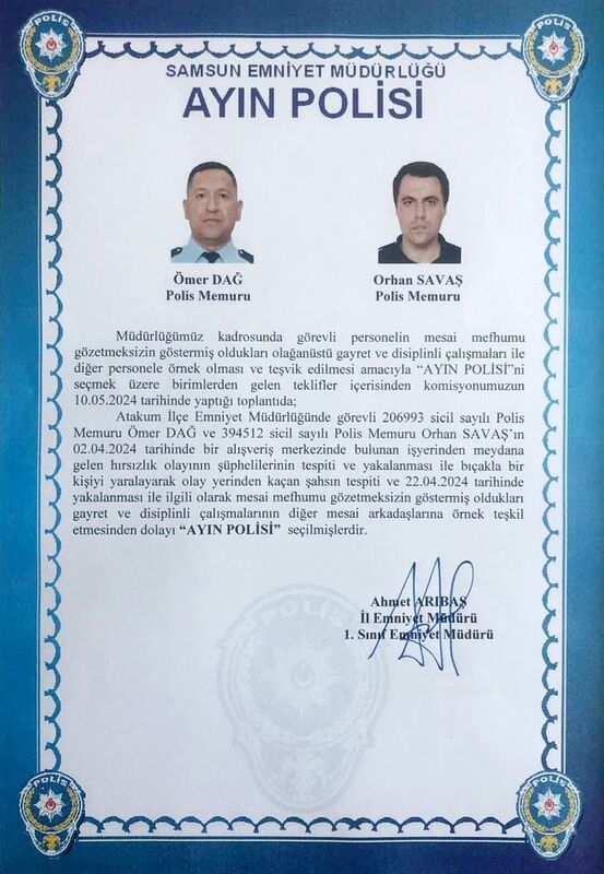 Samsun’da hırsızlık ve bıçaklama olayını aydınlatan polisler ayın polisi seçildi