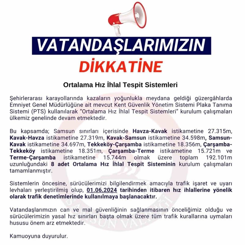 SAMSUN VALİLİĞİ, ORTALAMA HIZ