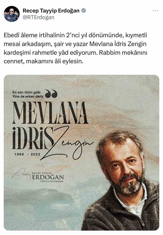 Cumhurbaşkanı Erdoğan’dan Mevlana İdris Zengin paylaşımı