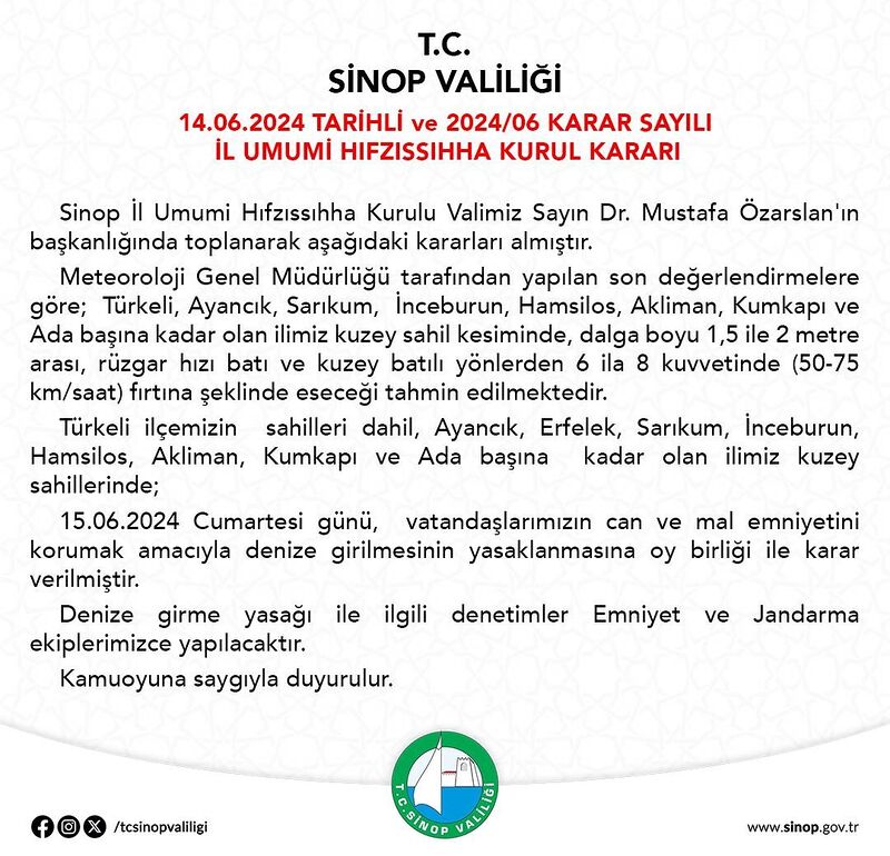 Sinop’ta 1 günlük deniz yasağı