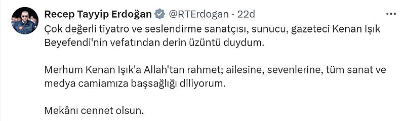 Cumhurbaşkanı Erdoğan’dan Kenan Işık için taziye mesajı