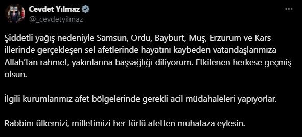 Cumhurbaşkanı Yardımcısı Yılmaz: “Sel afetlerinde hayatını kaybeden vatandaşlara Allah’tan rahmet, yakınlarına başsağlığı diliyorum”