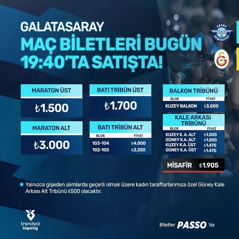 Adana Demirspor – Galatasaray  maçının biletleri satışa çıktı