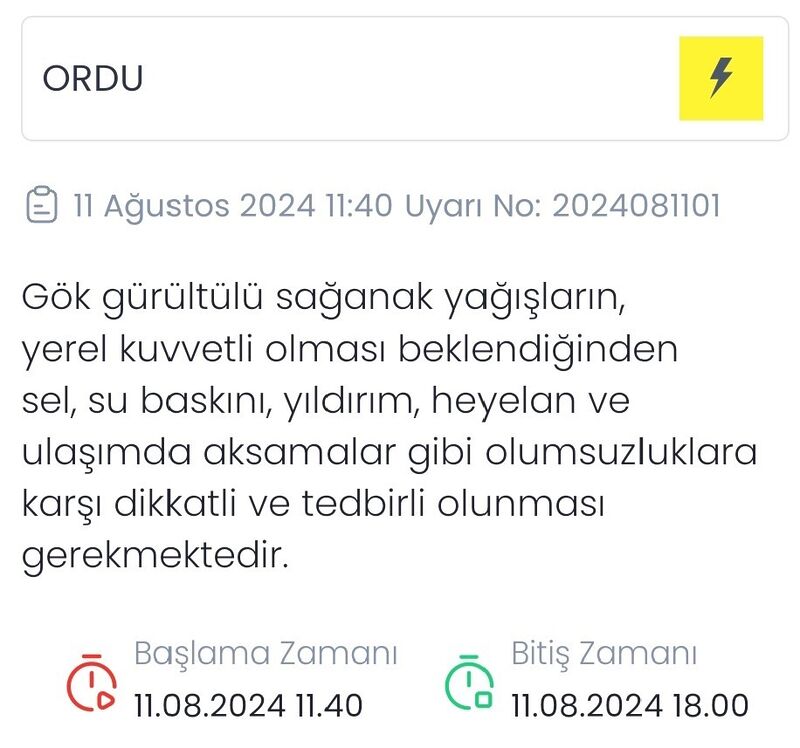 Meteoroloji’den Ordu için sarı uyarı