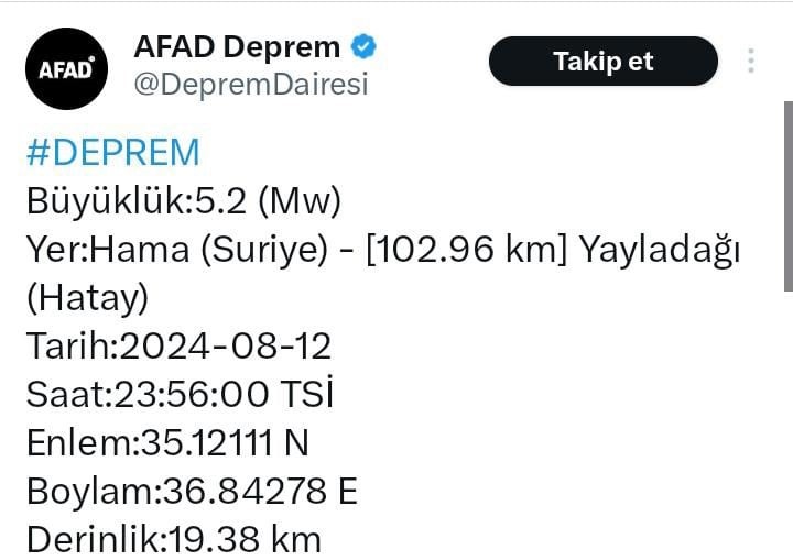 SURİYE’DE YAŞANAN 5.2 BÜYÜKLÜĞÜNDEKİ