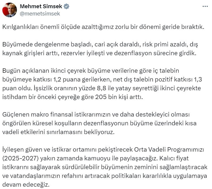 Bakan Şimşek: “Büyümede dengelenme başladı, cari açık daraldı, risk primi azaldı, dış kaynak girişleri arttı, rezervler iyileşti”