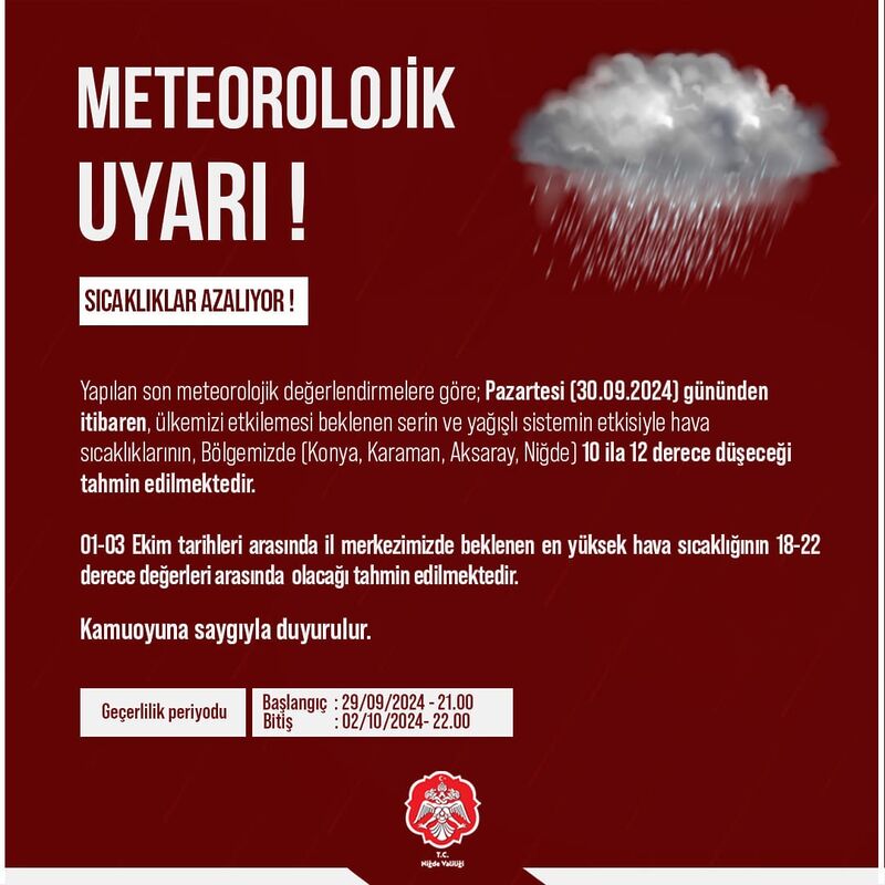 NİĞDE VALİLİĞİ YAPTIĞI METEOROLOJİK