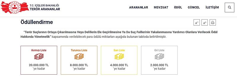 Terör ihbar ödülleri güncellendi: Kırmızı listedekiler için verilen ödül miktarı 20 milyon liraya yükseldi