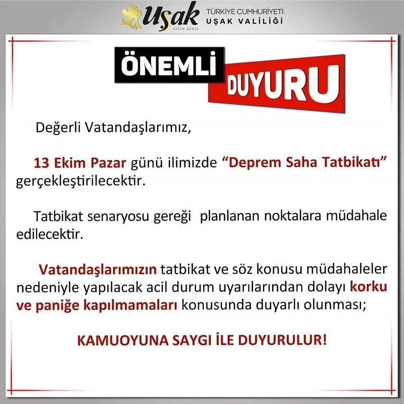 UŞAK VALİLİĞİ, 13 EKİM