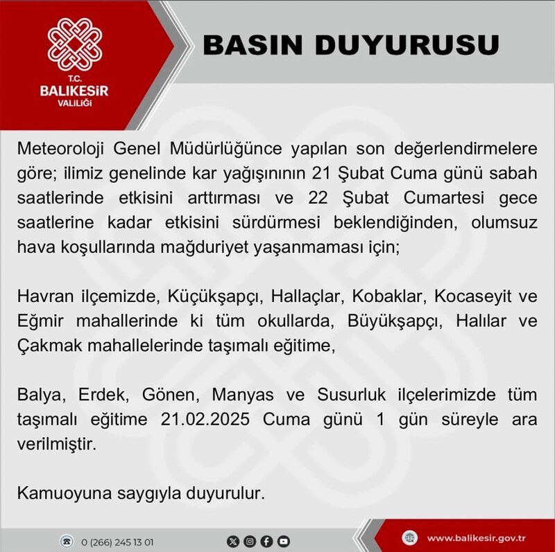 Balıkesir Valiliği, il genelinde etkili olması beklenen kar yağışı nedeniyle