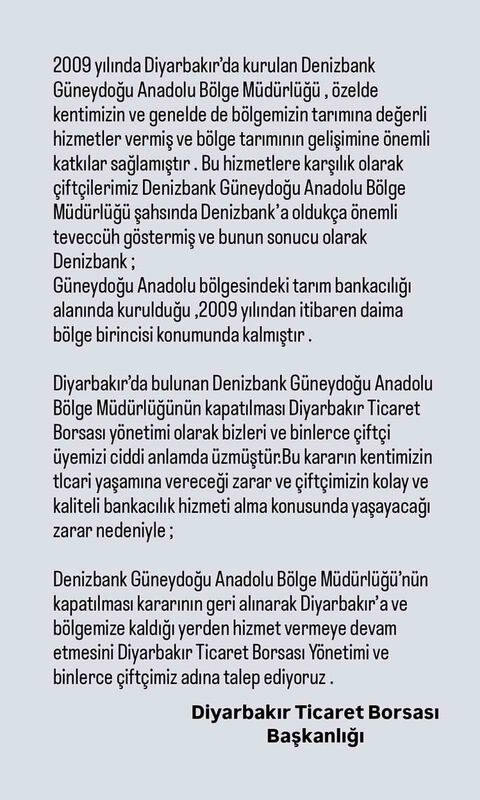Diyarbakır Ticaret Borsası Başkanlığı, Denizbank’ın Güneydoğu Anadolu Bölge Müdürlüğünün kapatılması
