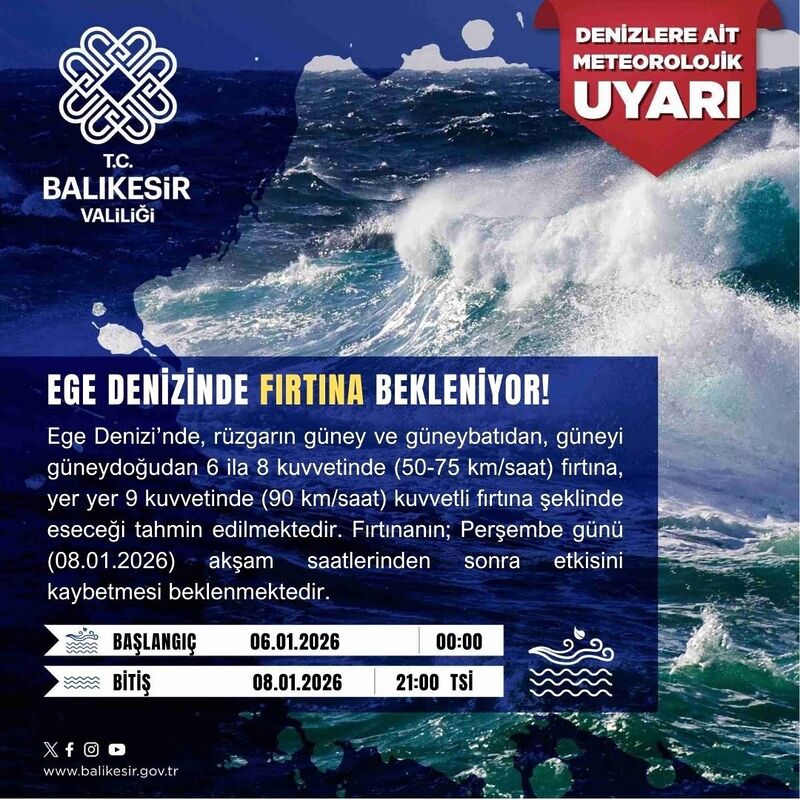 Balıkesir Valiliği, Ege Denizi’nde beklenen fırtına ve kuvvetli fırtınaya karşı