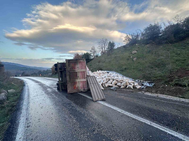 Balıkesir’in Gönen ilçesinde Gönen-Denizkent yolu Ulukır mevkiinde yem yüklü bir