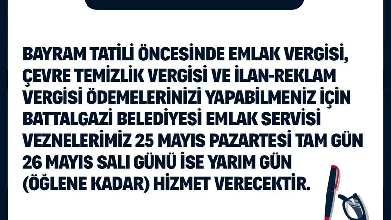 Battalgazi Belediyesi, bayram öncesi vergi ödemeleri için vezne çalışma saatlerinde