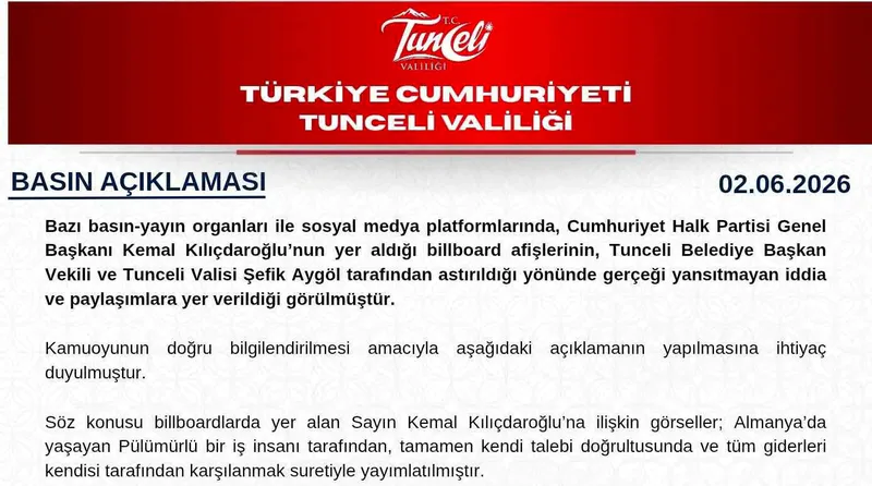 Tunceli Valiliği, CHP Genel Başkanı Kemal Kılıçdaroğlu'nun yer aldığı billboard