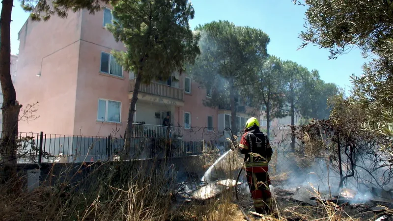 Burhaniye ilçesinde Çanakkale-İzmir Karayolu kenarında çıkan ot yangını, rüzgarın etkisiyle