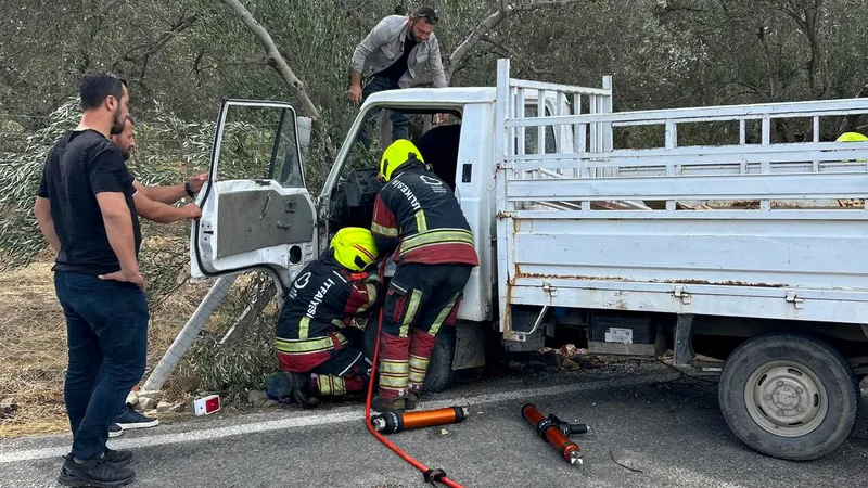 Burhaniye ilçesinde seyir halindeki kamyonet kontrolden çıkarak zeytinliğe savruldu. Sıkışan